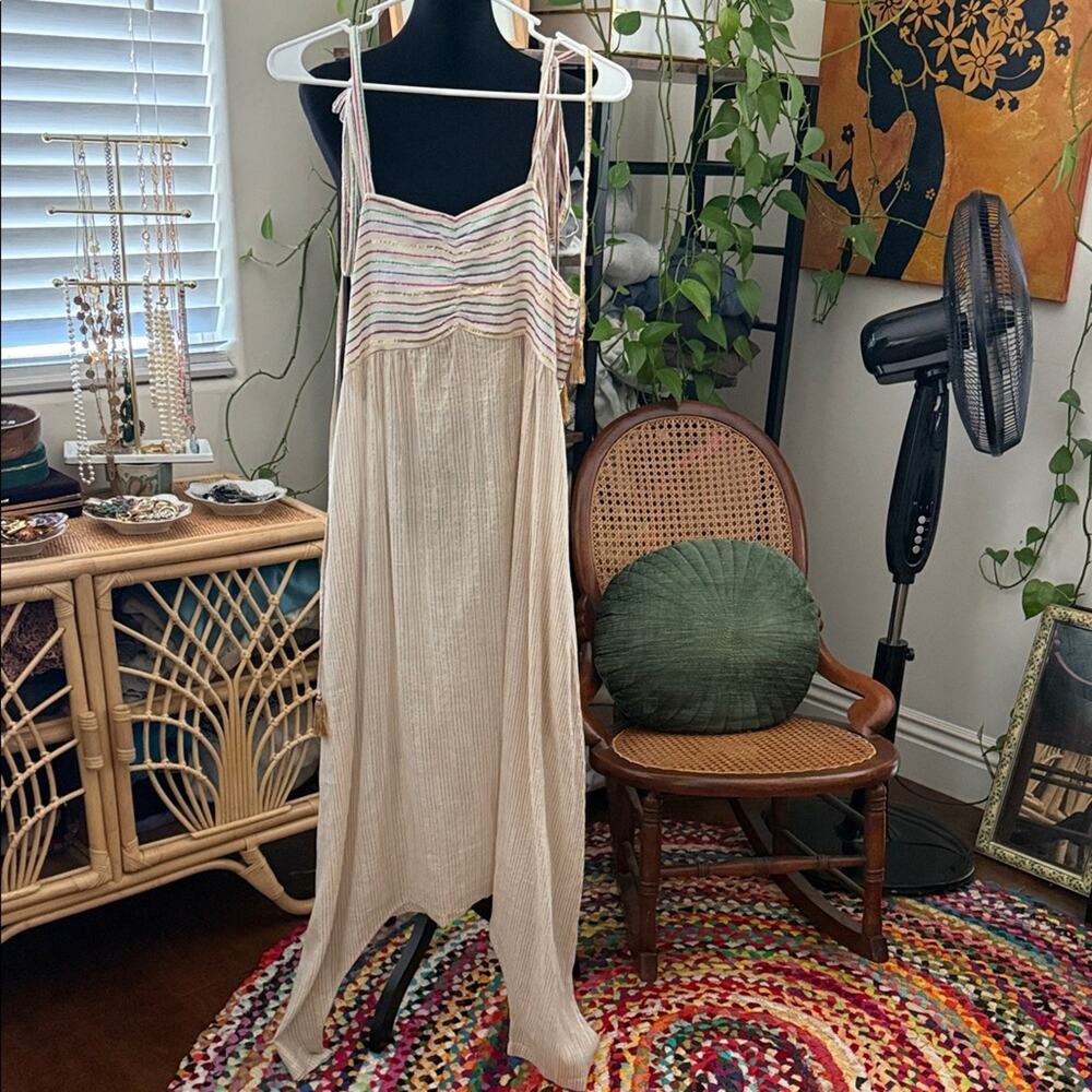 Lovestitch Cream Metallic Stripe Drop Crotch Shoulder Tie Boho Haram Jumpsuit